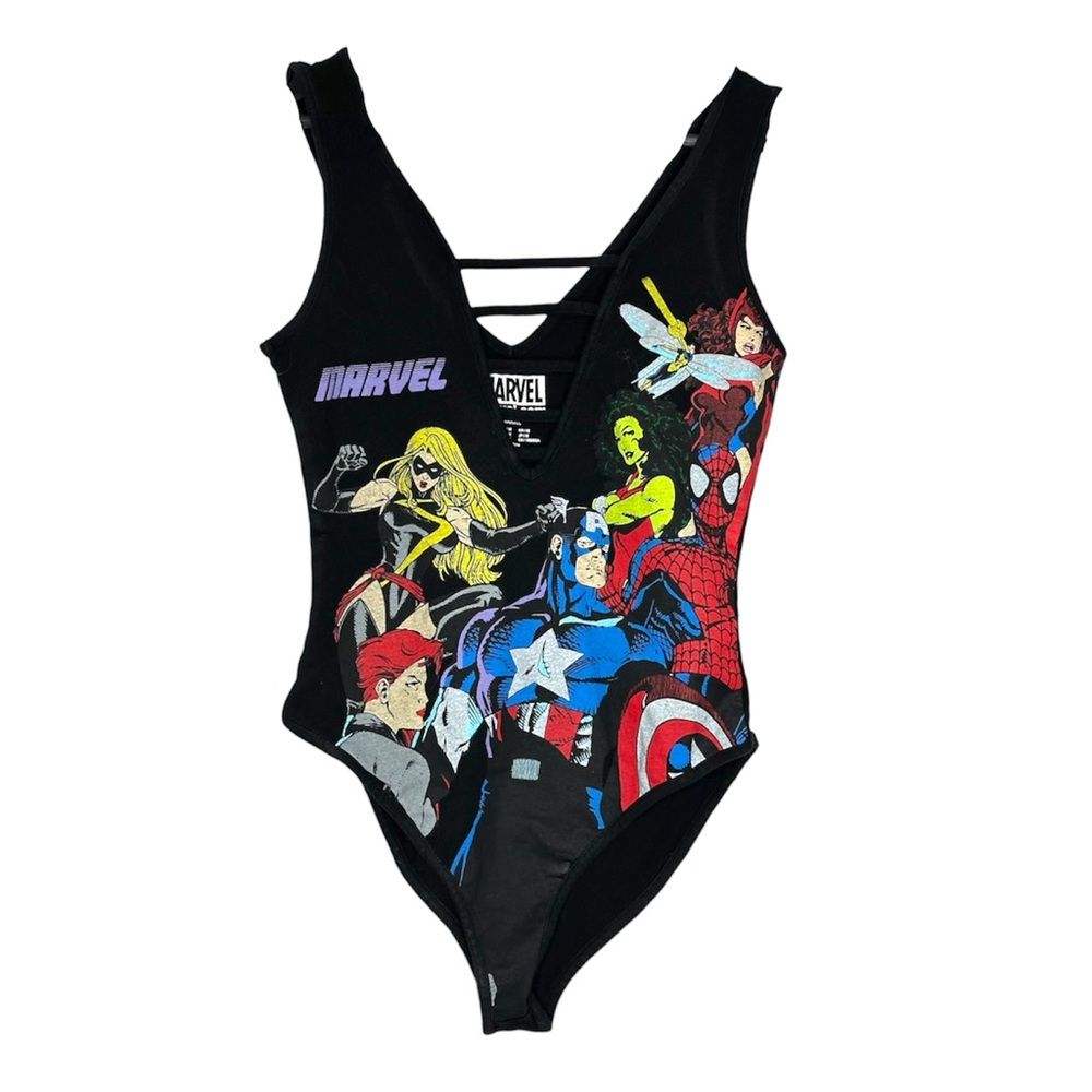 Marvel Graphic Bodysuit Black Strappy Superhero Print Medium Captain America